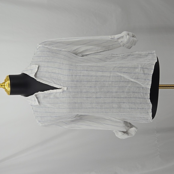 Saks Fifth Avenue Linen White Blue Striped Collared Button Tab Roll Sleeve Top M - Picture 7 of 10